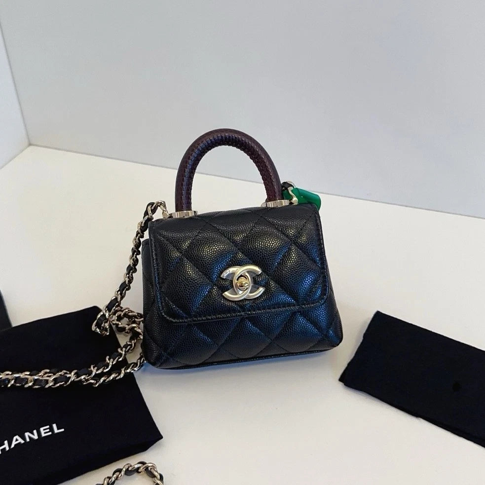 New Chanel Coco Handle Nano Calfskin Top Handle Chain Crossbody Black GHW