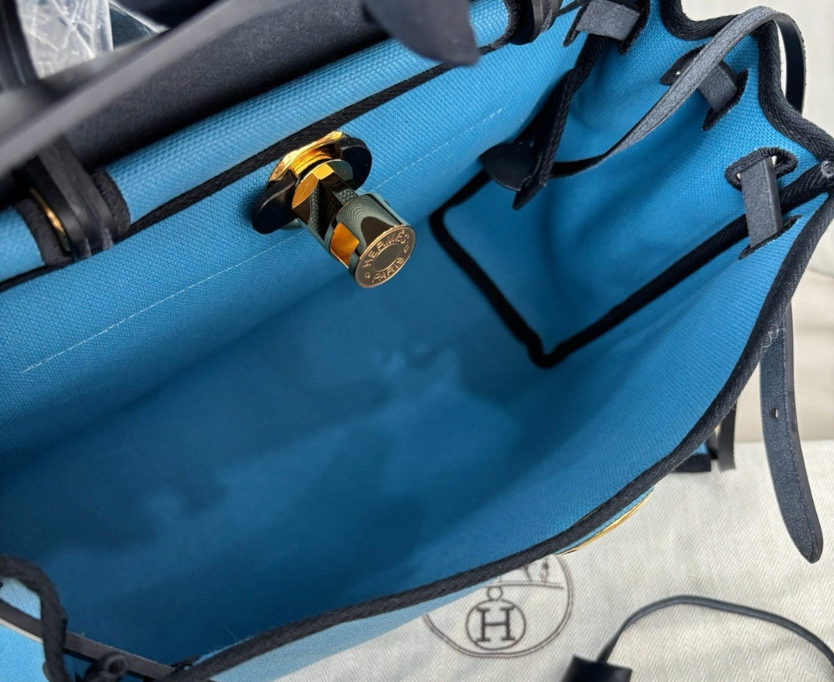 Hermes Herbag31 Top Handle Shoulder Bag Crossbody Blue Black Gold Women Classic