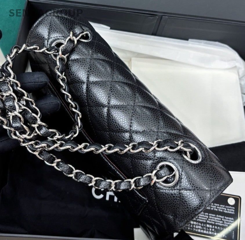 Chanel Classic Flap PM Calfskin Chain Shoulder Bag Black Silver Women Fashion