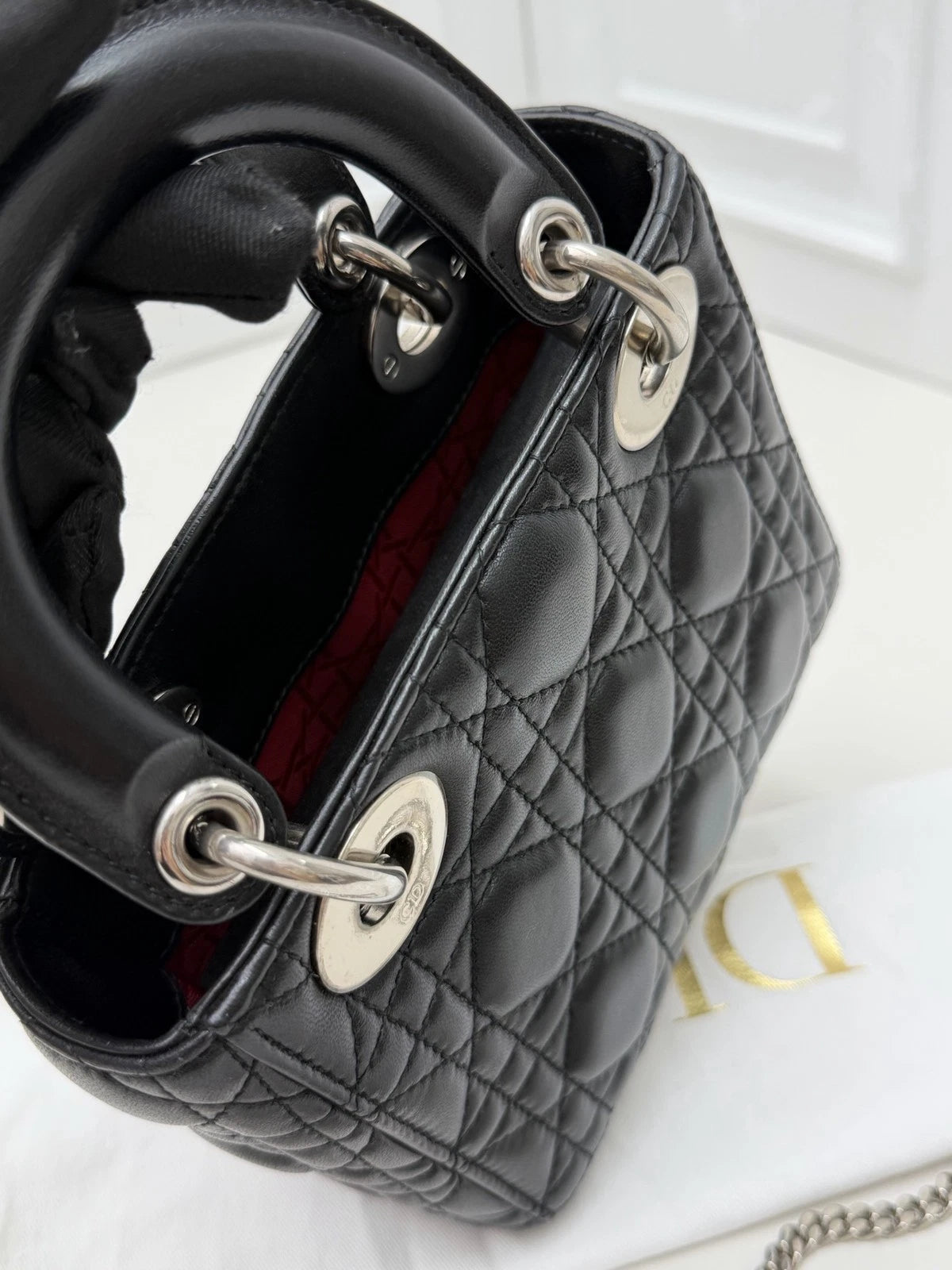 Christian Dior Lady Dior Lambskin Black Handbag Chain Crossbody Silver Hardware