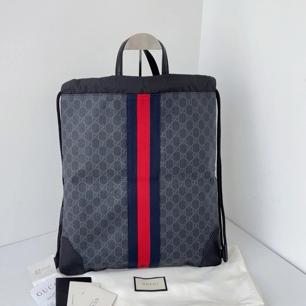 Excellent Gucci Black Monogram Drawstring Satchel Bag Handbag Backpack