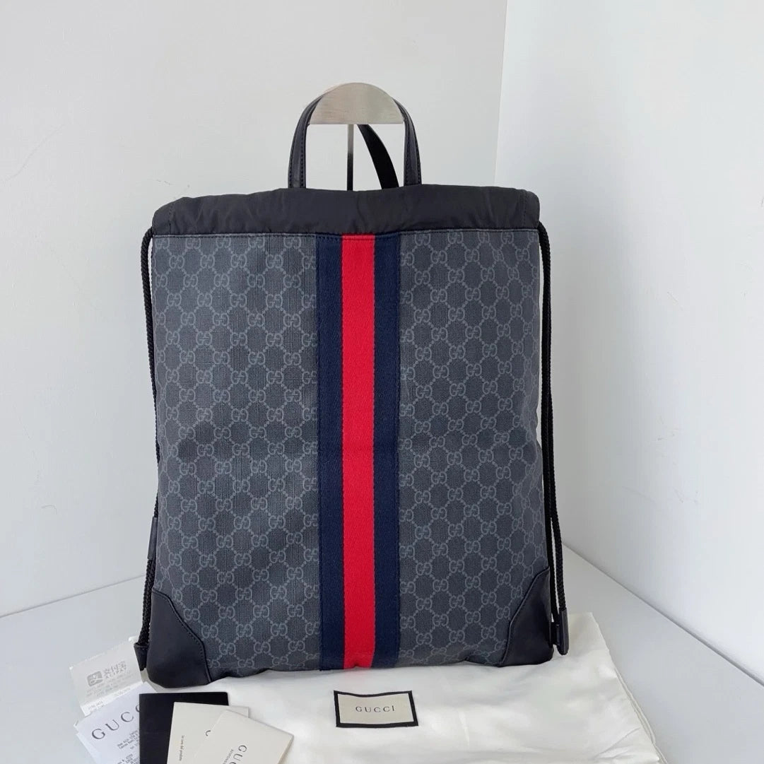 Excellent Gucci Black Monogram Drawstring Satchel Bag Handbag Backpack
