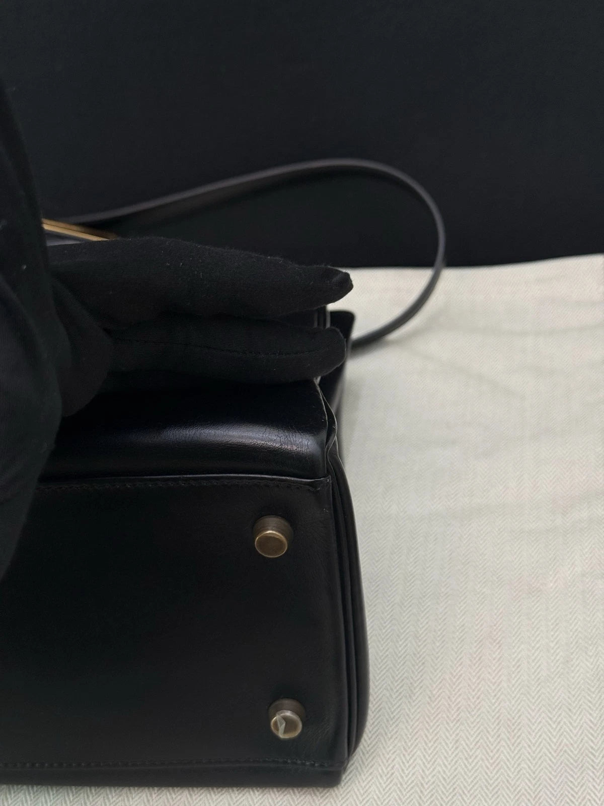 Hermes Kelly32 Box Top Handle Bag Crossbody Women Black Gold Classic Fashion