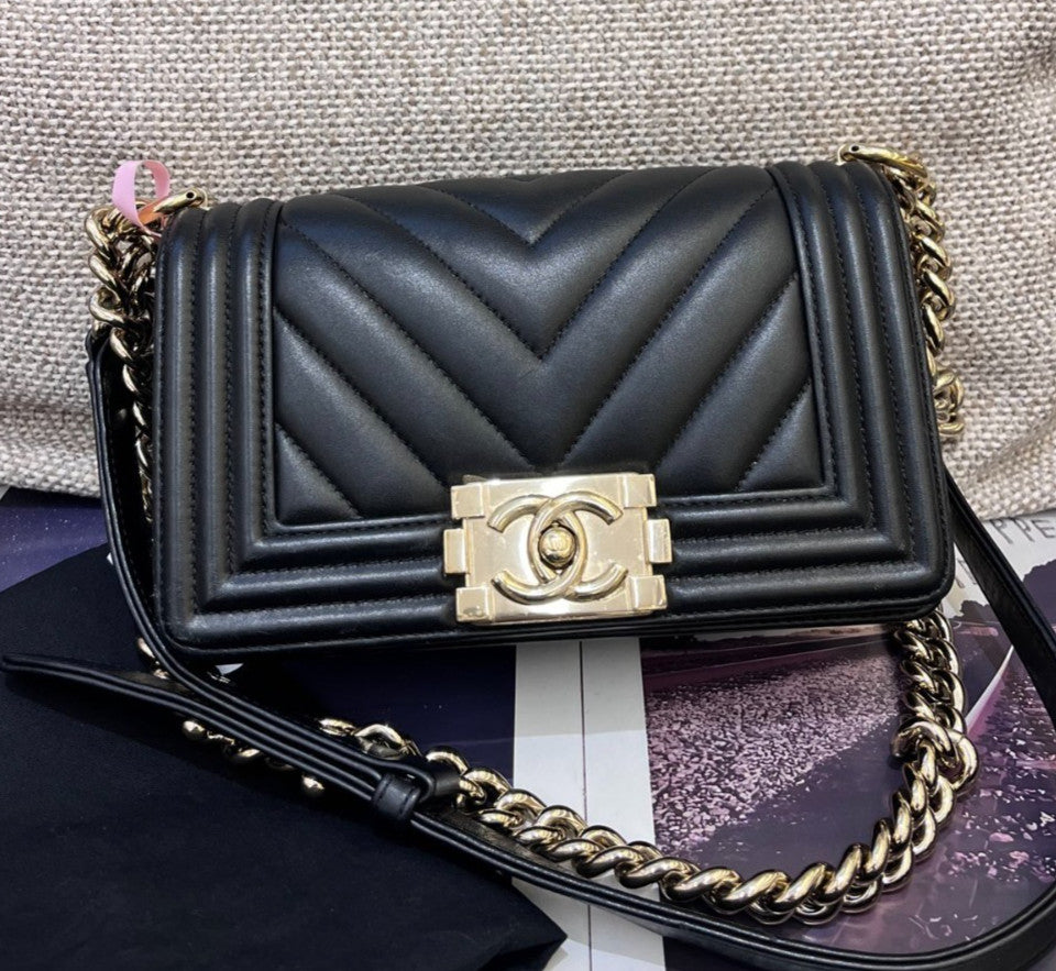 Chanel Leboy PM Chain Calfskin Shoulder Bag Crossbody Black Gold Women Classic