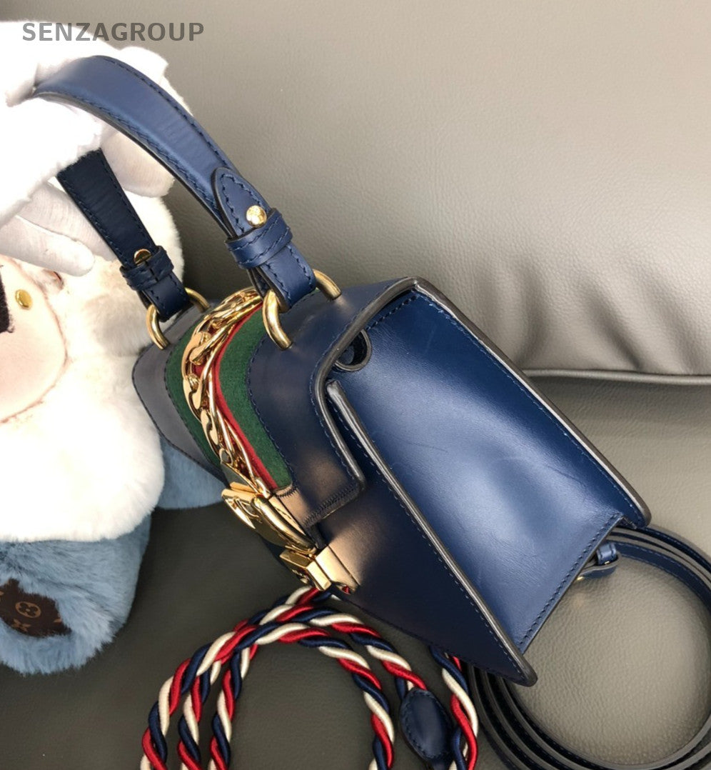 GUCCI Sylvie PM Top Handle 2way Shoulder Handbag Women Crossbody Blue and gold
