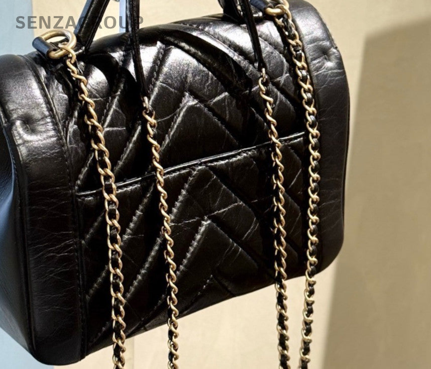 Chanel Classic Flap Top Handle Chain Shoulder Bag Black Gold Women Designer