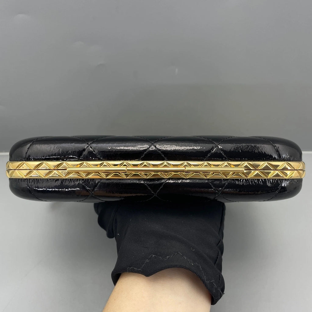 Chanel Black Gold Patent Leather Clutch Bag For Women