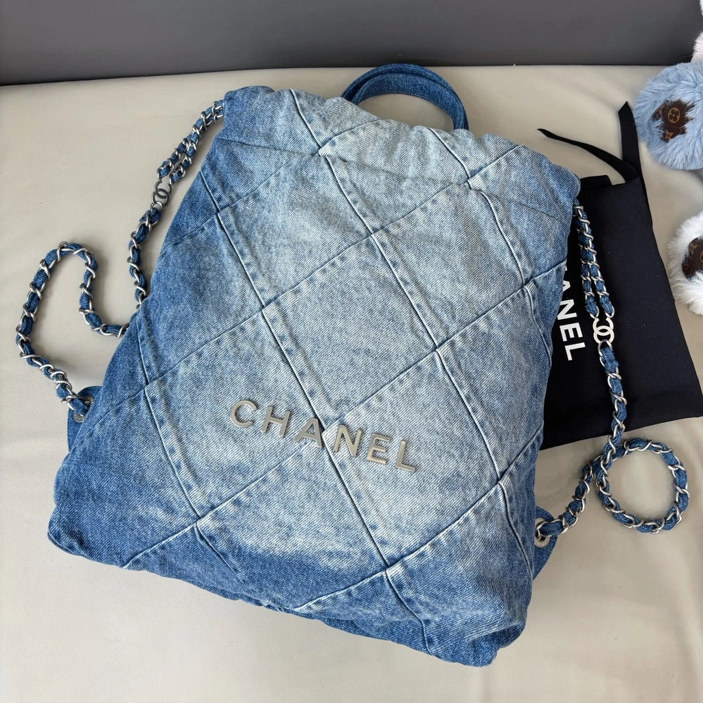 Chanel 22Bag Chain Backpack Blue Silver Diamond Women Classic Fashion