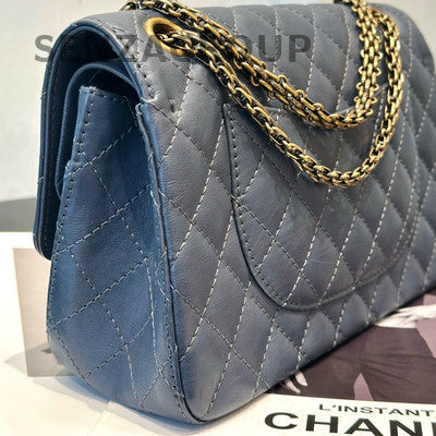 Chanel 2.55 Medium Blue Gold Chain Shoulder Bag Calfskin Classic Quilted