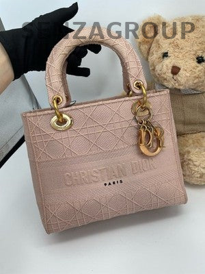 Dior Lady Dior Embroidered Handbag Pink Gold Classic Women's Bag