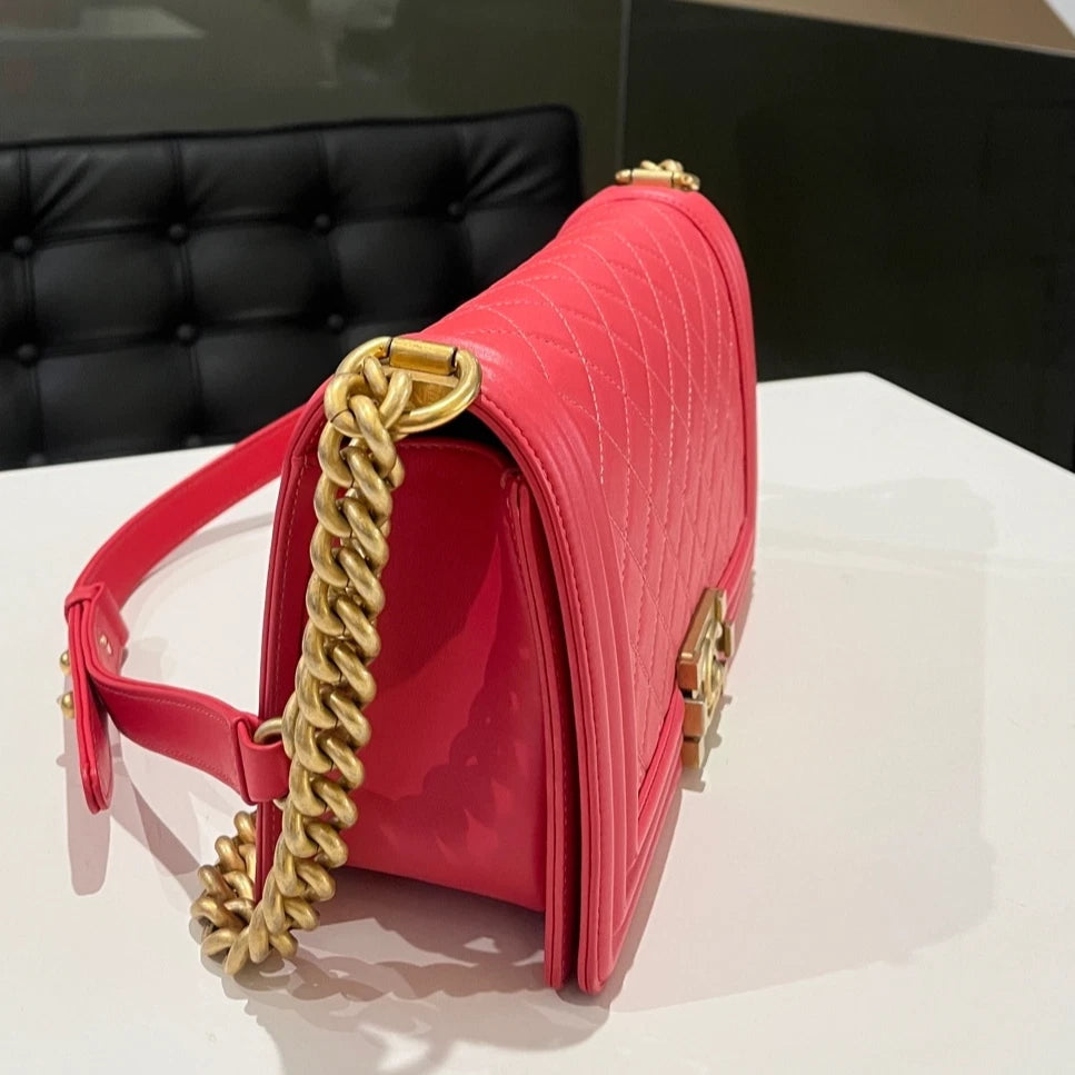 Chanel Le Boy Medium Chain Shoulder Bag Pink Gold Classic Women's