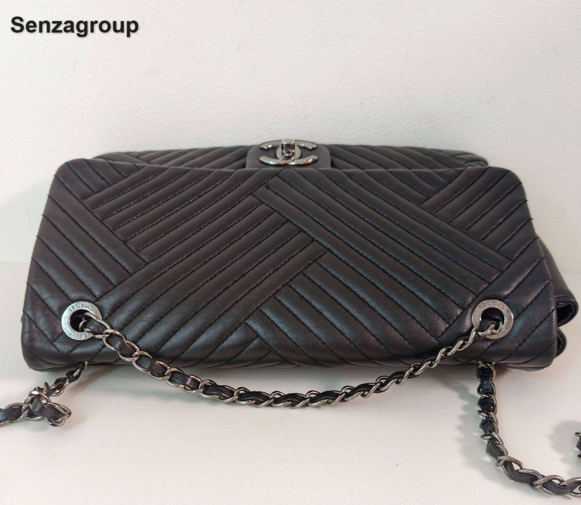 Chanel Classic Flap Chain MM Lambskin Shoulder Bag Crossbody Black Silver Women