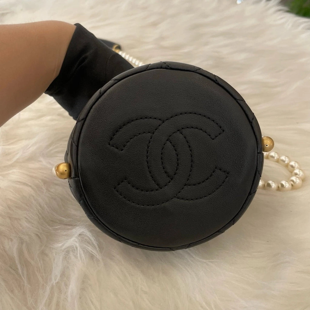 Chanel Mini Pearl Bucket Chain Crossbody Bag Black Gold Classic Women