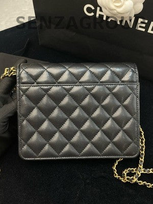 Chanel WOC Quilted Calfskin Double Chain Shoulder Crossbody Bag Black Gold