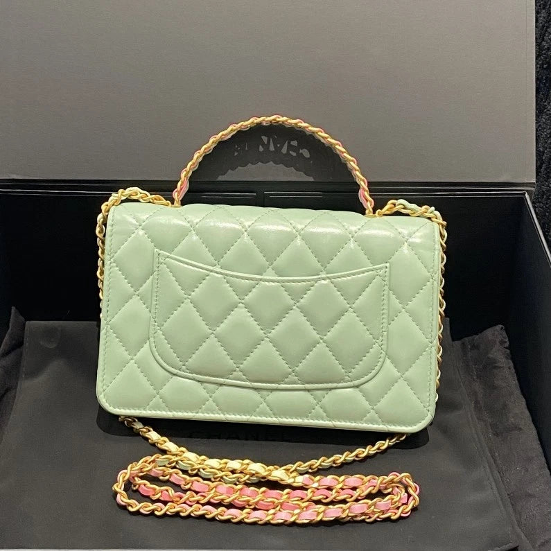 Chanel WOC Lambskin Diamond Top Handle Crossbody Green Gold Women Classic D
