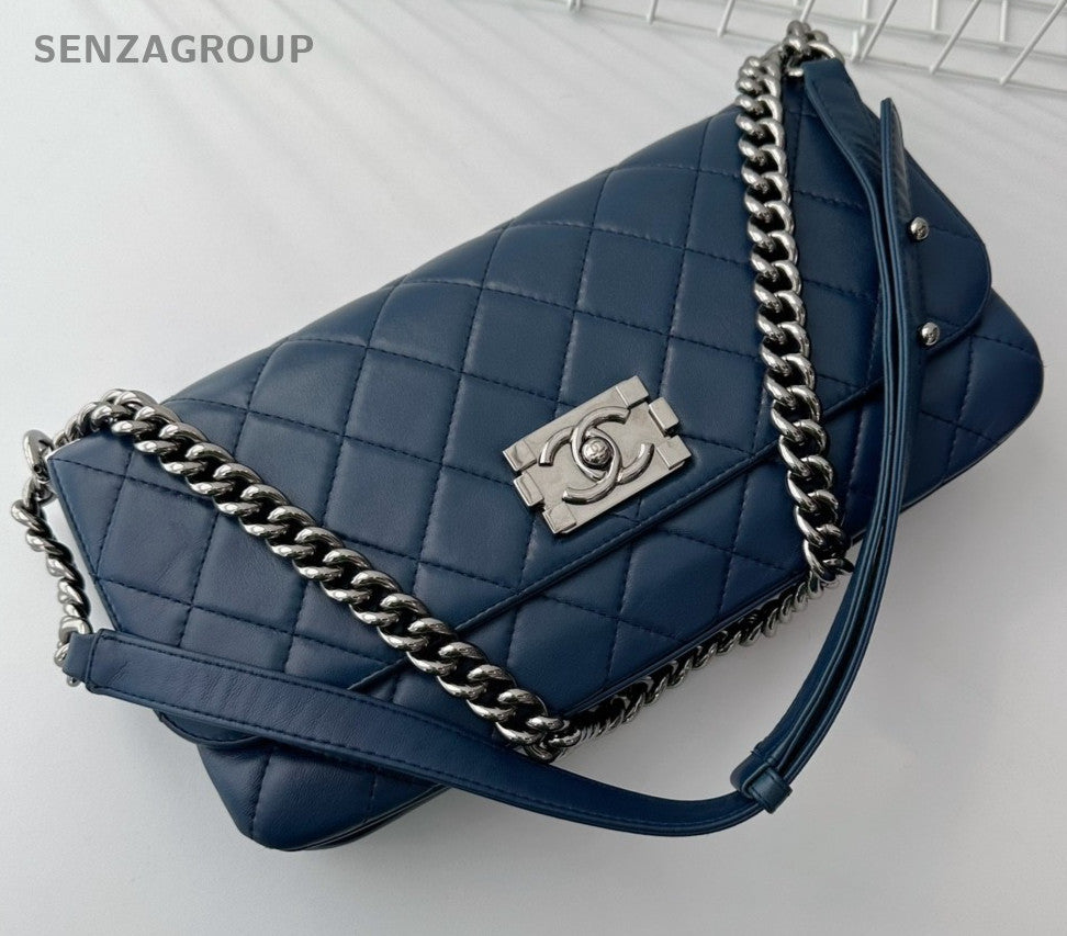 CHANEL Leboy Calfskin Chain Shoulder bag Crossbody Women Blue Silver