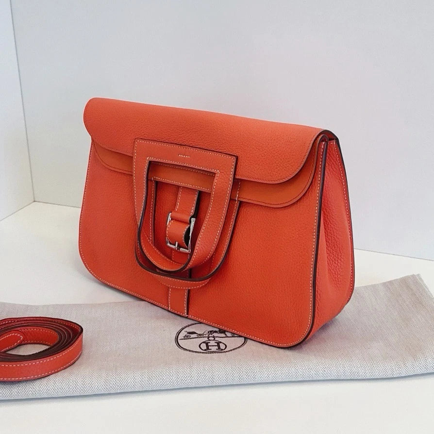 Hermes Halzan31 TC Leather Handbag Crossbody Orange Silver Hardware
