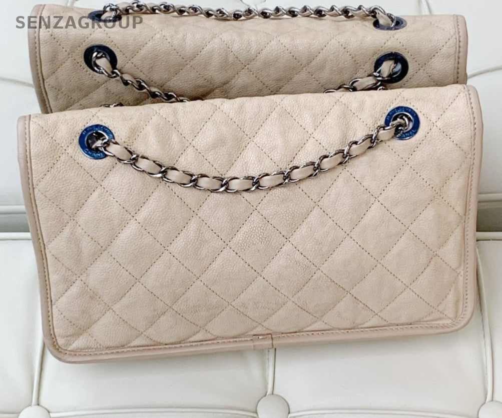 Chanel Classic Flap Calfskin Chain Shoulder Bag Crossbody Beige Silver Women