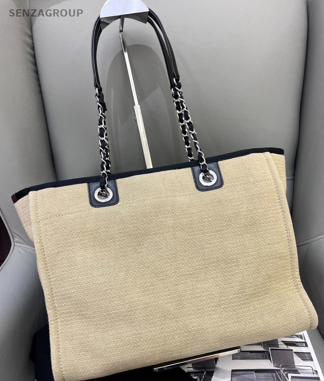 CHANEL Beach Tote Canvas Shoulder Bag Women Beige