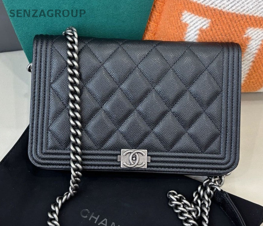 Chanel Leboy WOC Chain Calfskin Shoulder Bag Crossbody Black Silver Women