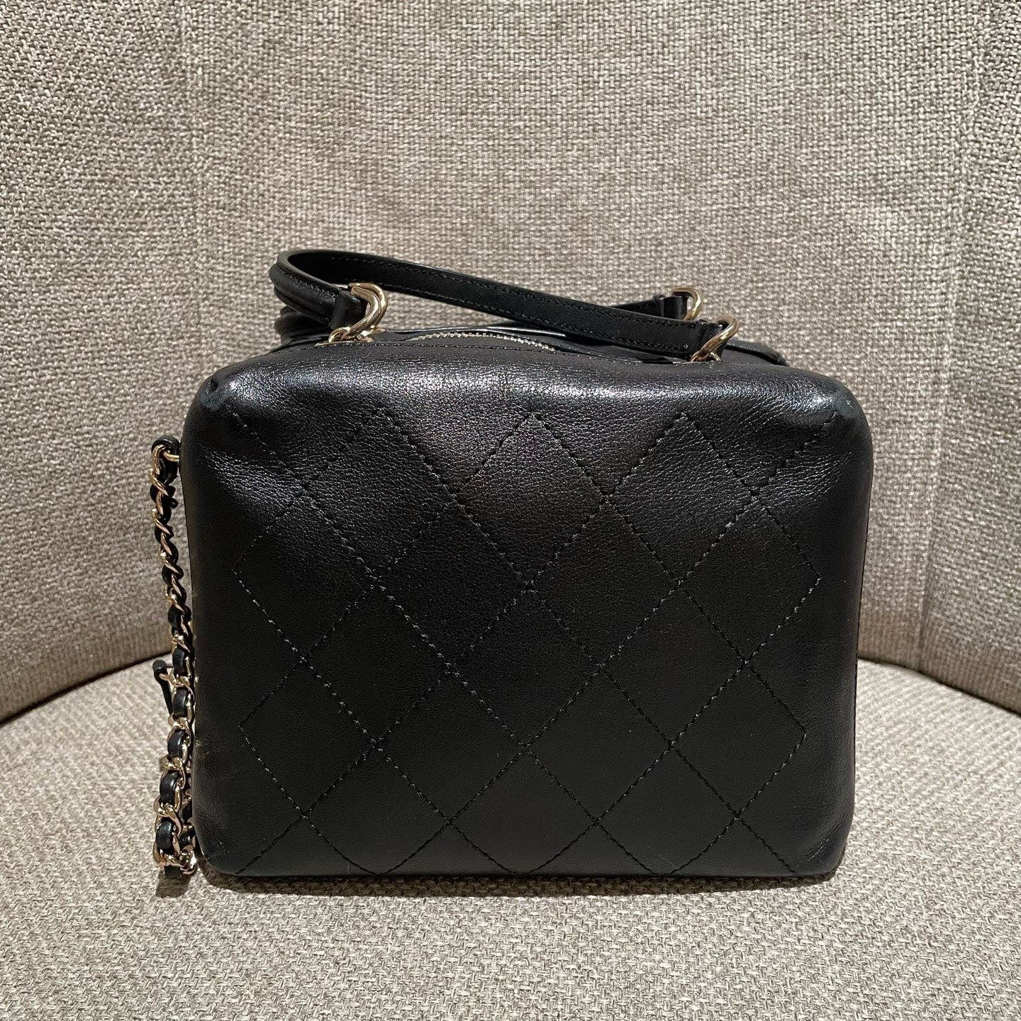 Chanel Calfskin Diamond Box Top Handle Shoulder Bag Black Gold Women Classic