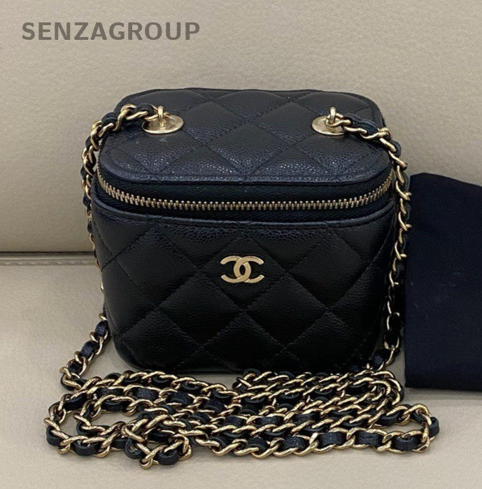 Chanel Calfskin Mini Box Chain Shoulder Bag Crossbody Black Gold Women Classic