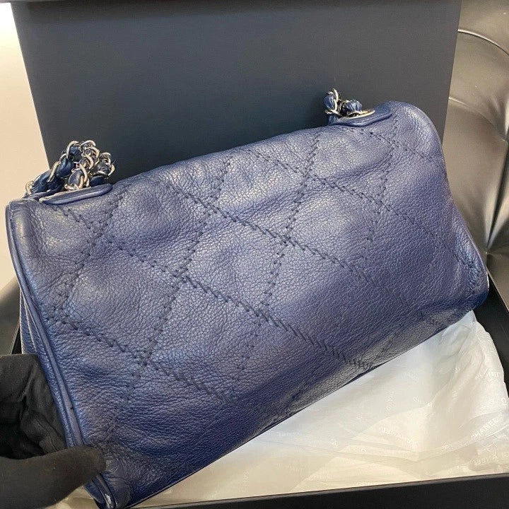 Chanel Classic Flap Hobo Calfskin Chain Shoulder Bag Navy Silver Women Diamond D