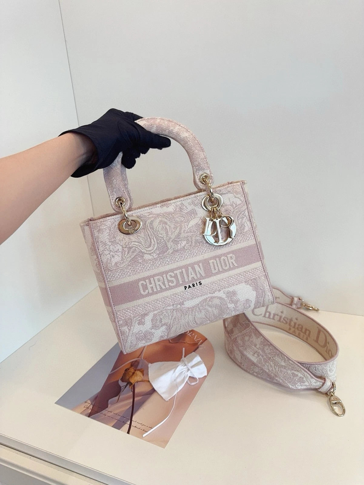 Dior Pink Canvas Embroidered Lady D-Lite Top Handle Bag Women