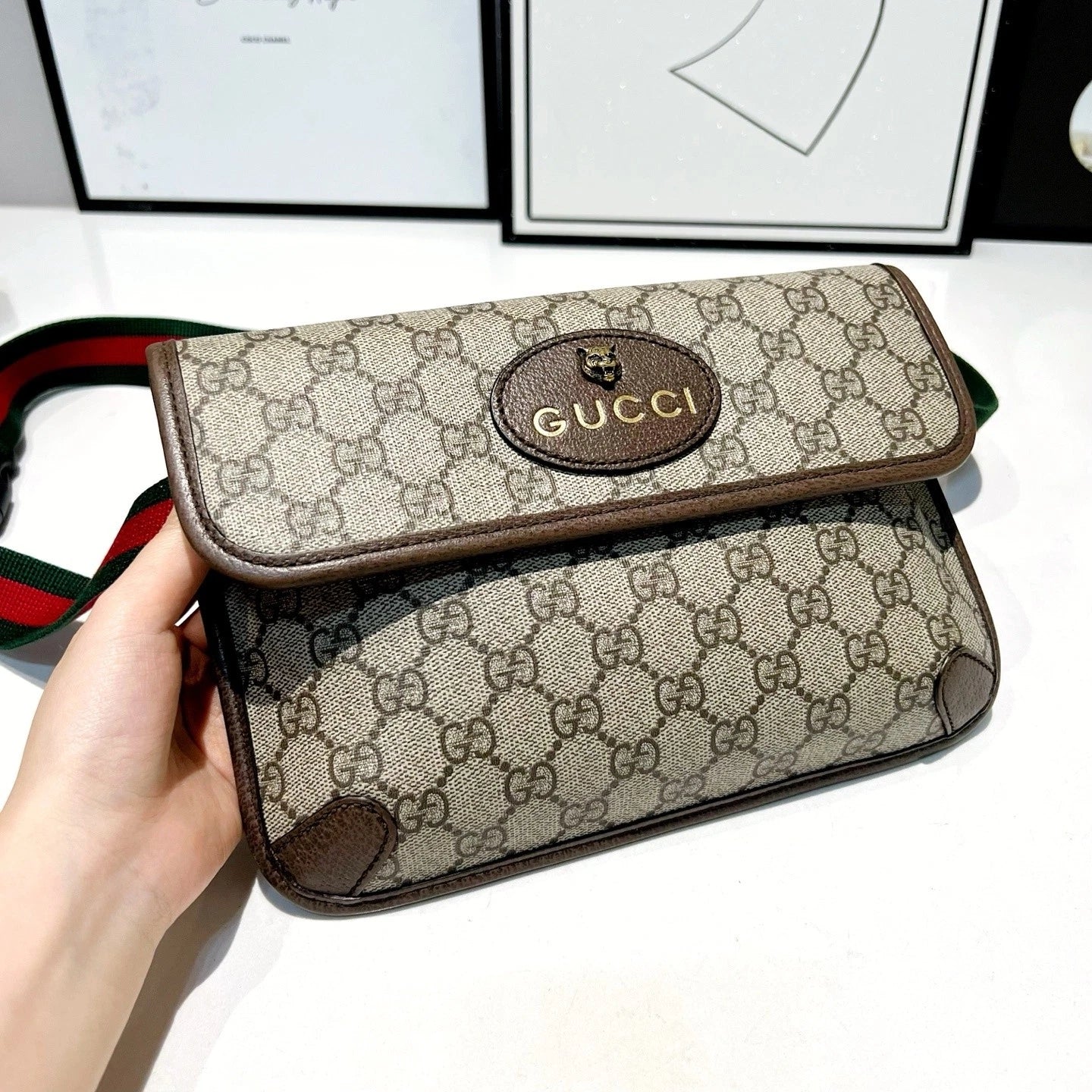Gucci Beige GG Supreme Canvas Brown Trim Crossbody Women