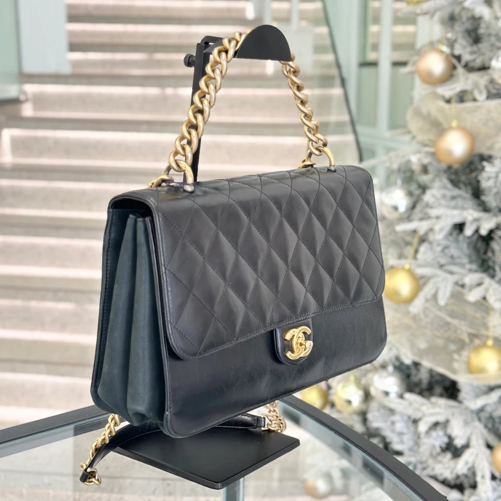 Chanel Calfskin GM Chain Top Handle Shoulder Bag Crossbody Black Gold Women S