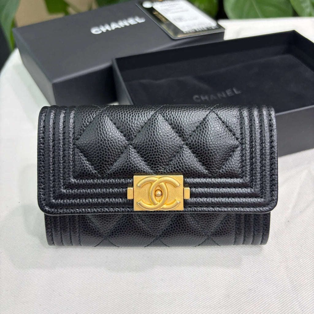 Chanel Leboy Calfskin Diamond Wallet Black Gold Used Women Classic