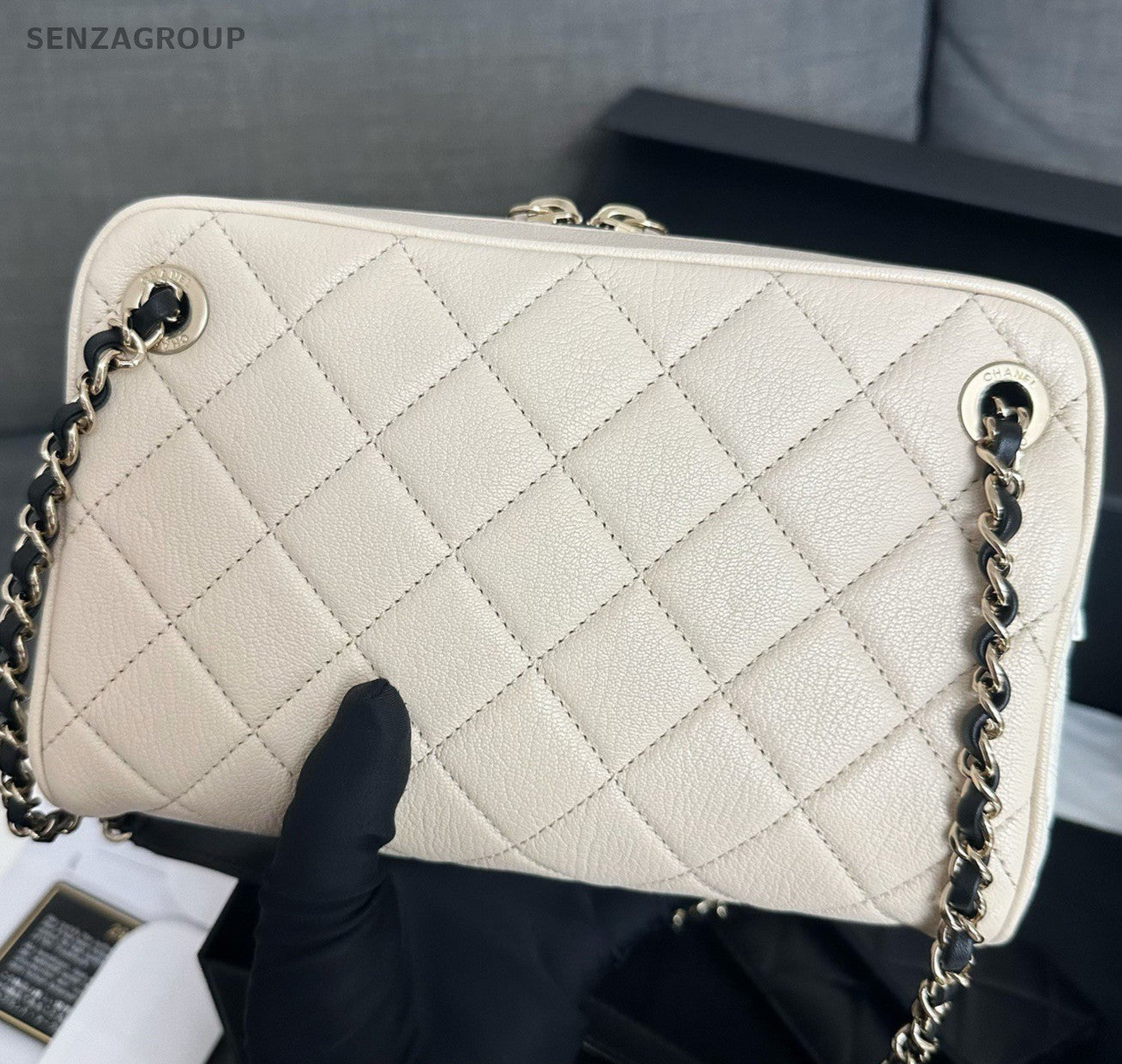 Chanel Diamond Chain Camera Bag Shoulder Bag Crossbody White Gold Women Classic