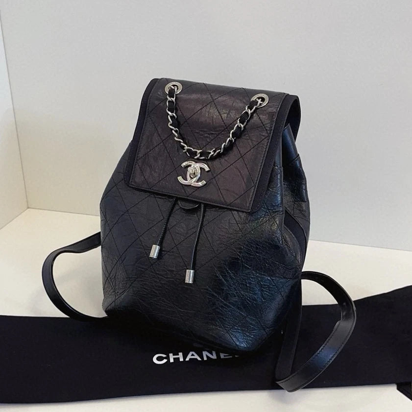 Chanel Diamond Backpack Black Silver Used Women Classic Fashion