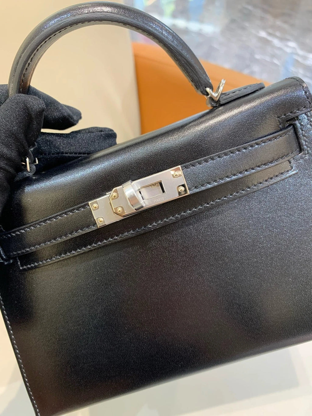 Hermes Mini Kelly Black Silver Box Leather Top Handle Bag For Women