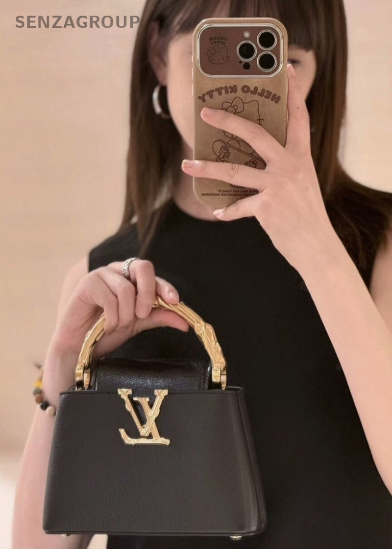 Louis Vuitton Capucine Mini Calfskin Top Handle Bag Crossbody Black Gold Women