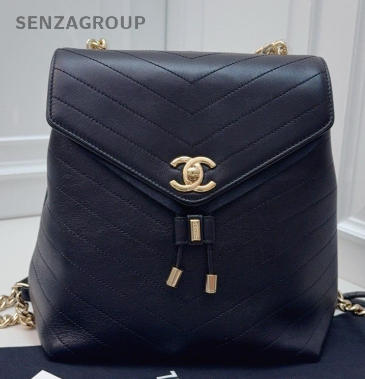 Chanel Calfskin Vintage Backpack Black Gold Used Women Classic Designer
