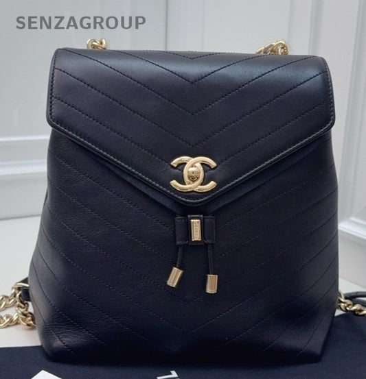 Chanel Calfskin Vintage Backpack Black Gold Used Women Classic Designer