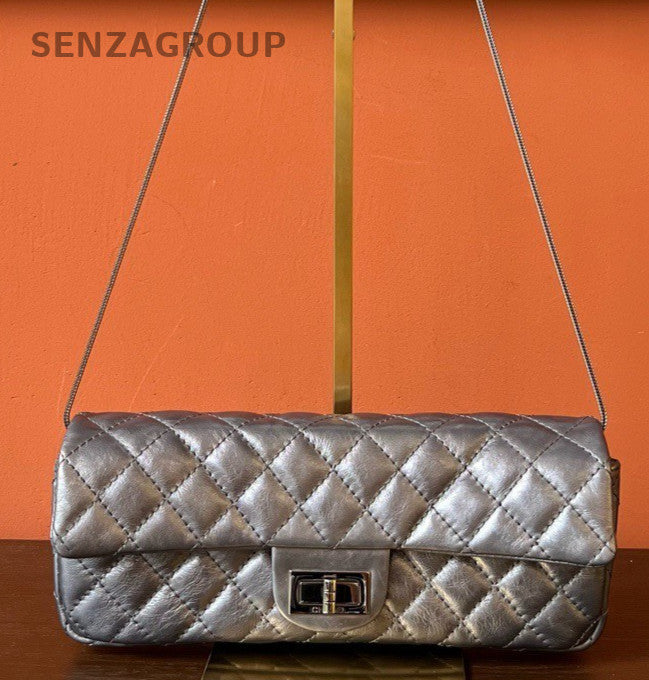Chanel Vintage Diamond Pattern Shoulder Bag Silver Used Women Classic Designer