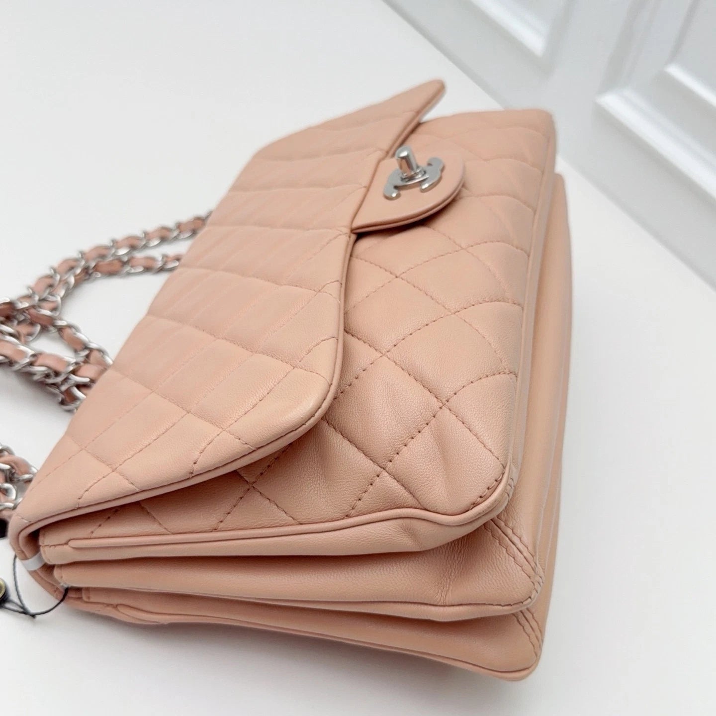 Chanel Classic Flap Lambskin Chain Shoulder Bag Pink Silver Women Diamond