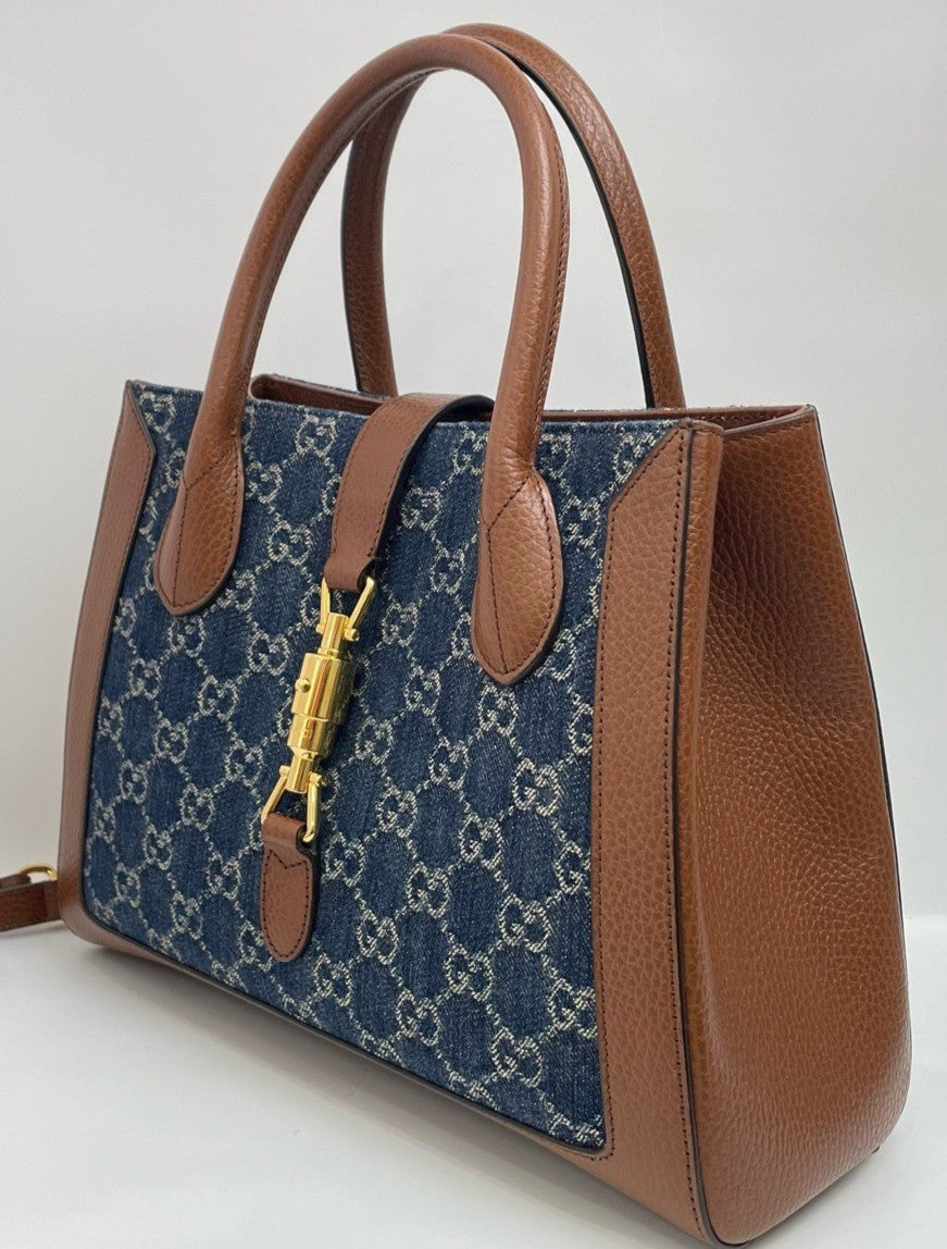 Gucci Jackie 1961 Denim Tote Top Handle Shoulder Crossbody Bag Blue Women