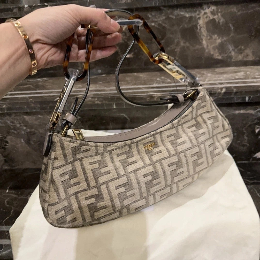 FENDI FF Monogram Canvas Crescent Shoulder Handbag For Women