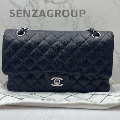 Chanel Black Silver Medium Classic Flap Bag Calfskin Quilted Chain Shoulder Bag