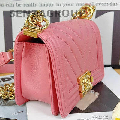 Chanel Le Boy Chevron Quilted Chain Shoulder Bag Pink Gold