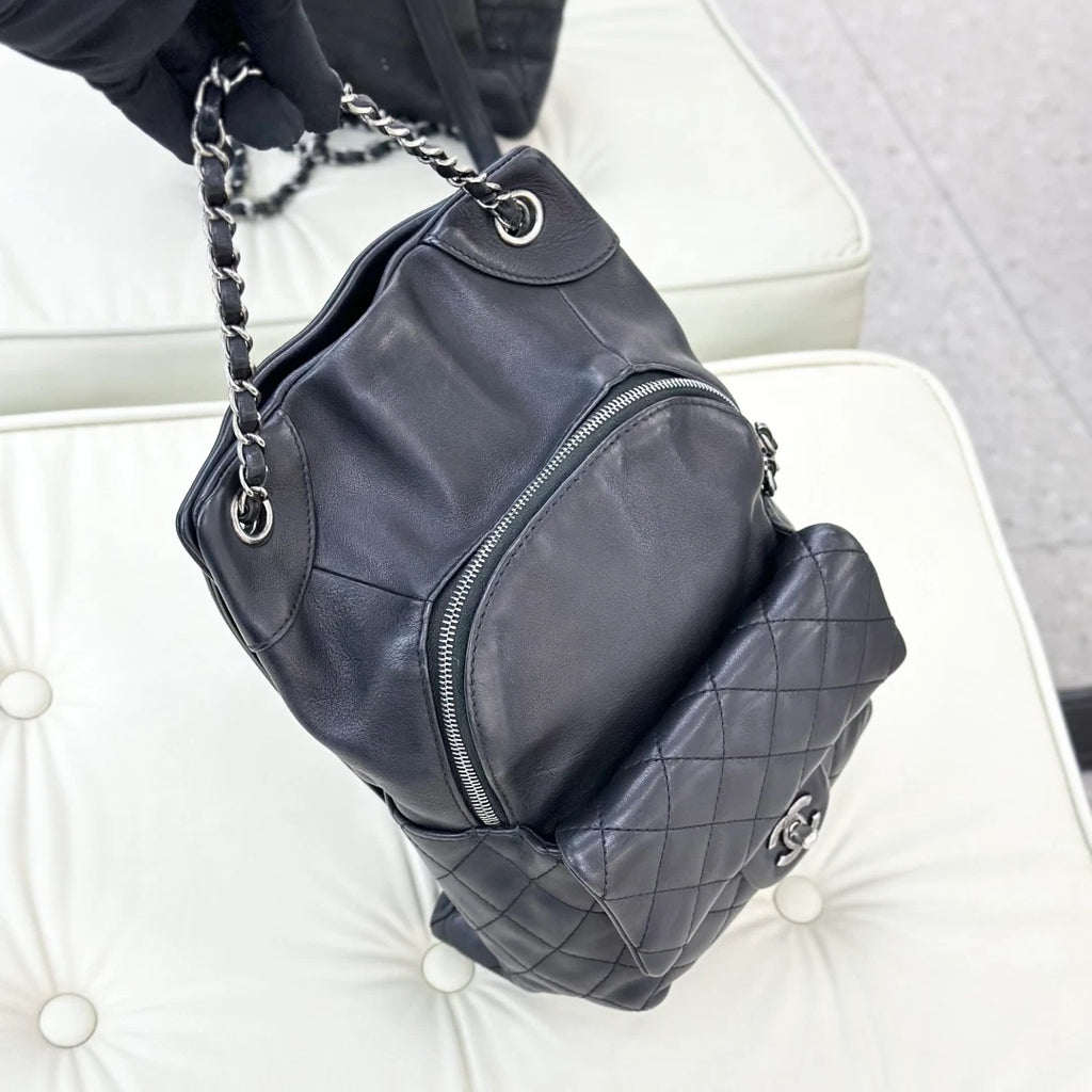 Chanel Backpack Calfskin Chain Black Silver Hardware Women Fashion S