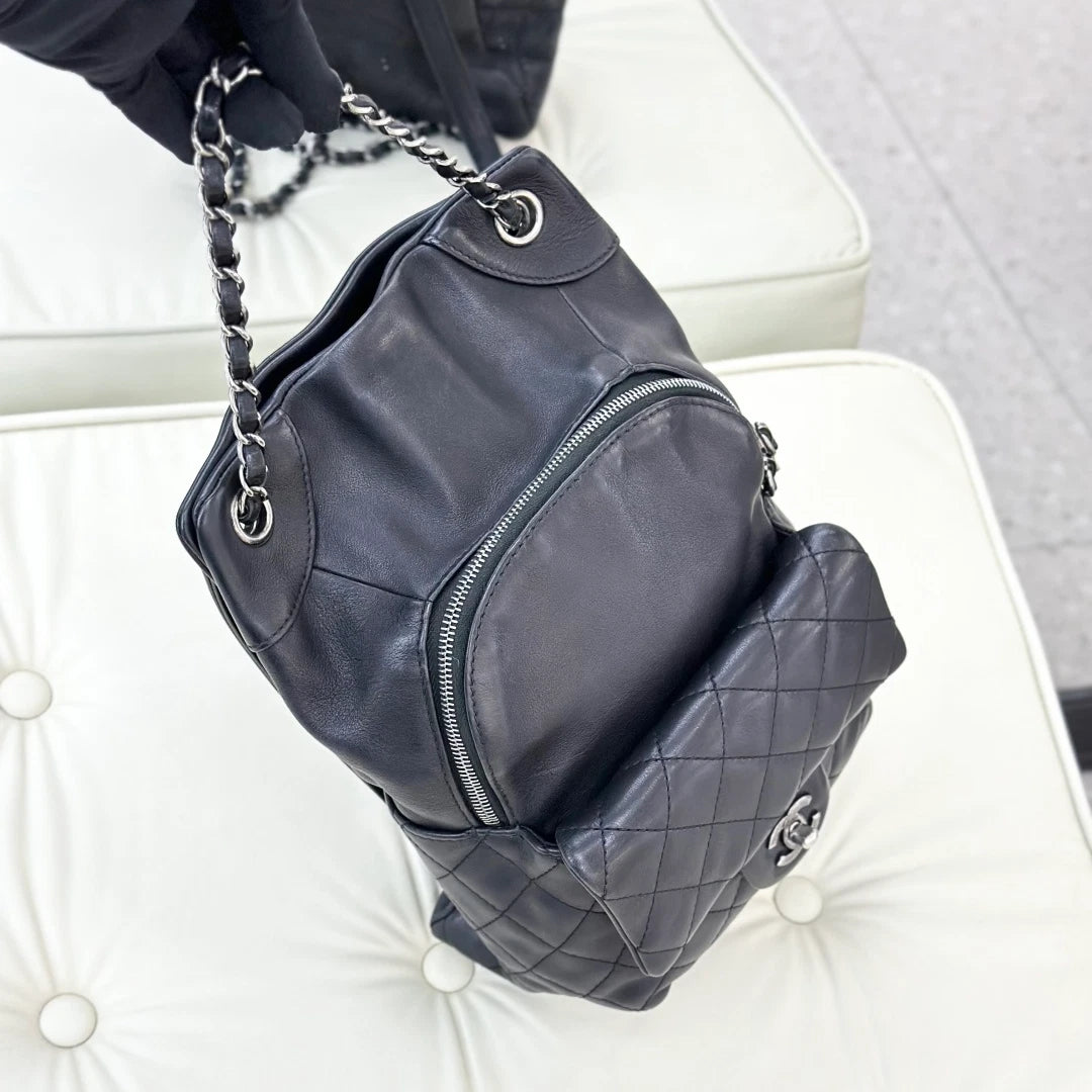 Chanel Backpack Calfskin Chain Black Silver Hardware Women Fashion S
