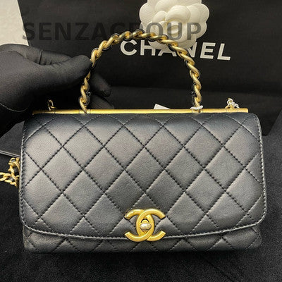 Chanel Black Gold Lambskin Quilted CC Top Handle Chain Crossbody Bag
