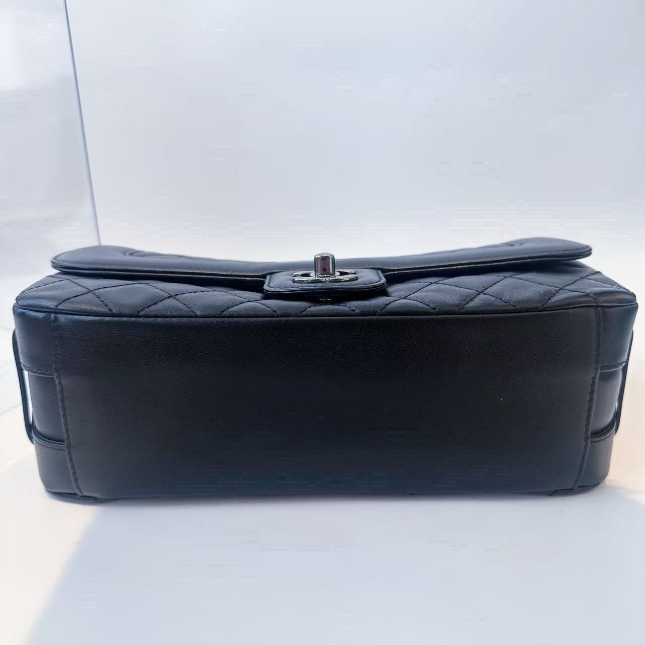 Chanel Classic Flap Calfskin Chain Shoulder Bag Black Silver Used Women Diamond