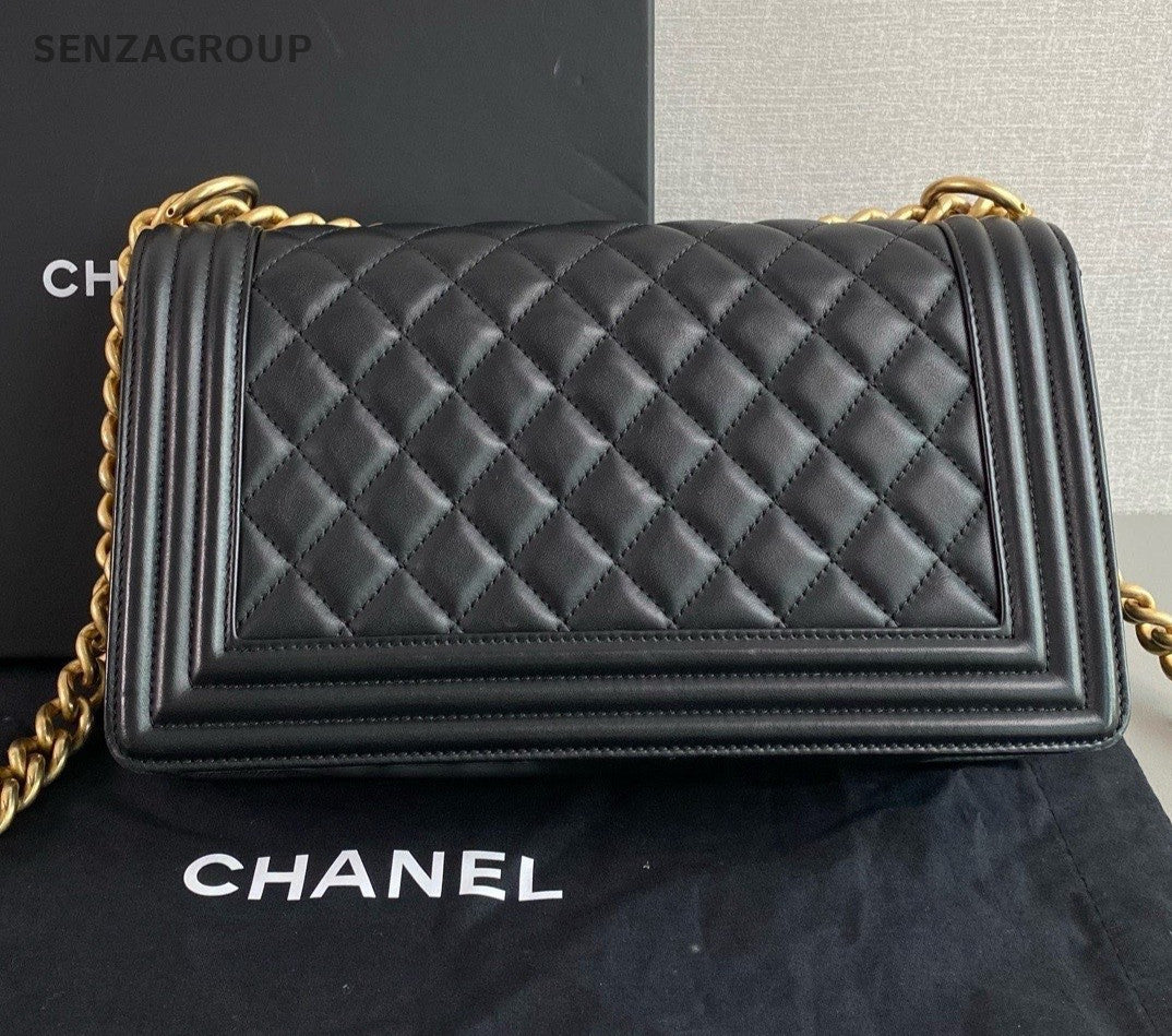 Chanel Leboy MM Calfskin Chain Shoulder Bag Crossbody Black Gold Women Classic