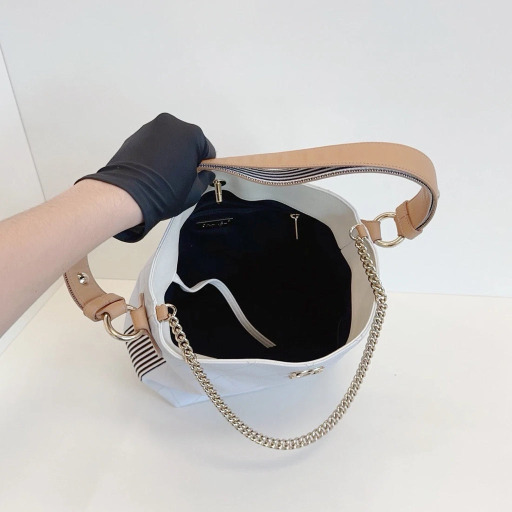 Chanel Calfskin Diamond Bucket Chain Shoulder Bag Crossbody White Gold Women