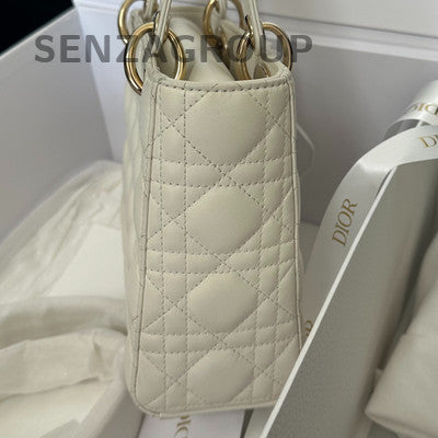 Dior Lady Dior Handbag White Gold Hardware Classic Women's Bag